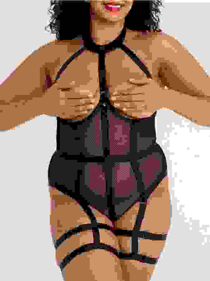 Lovehoney Plus Size Fierce Siren Fishnet and Wet Look Open-Cup Body, Black, hi-res